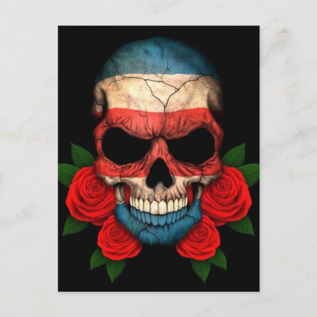 Costa Rica Flag Skull with Red Roses Postcard (Front)