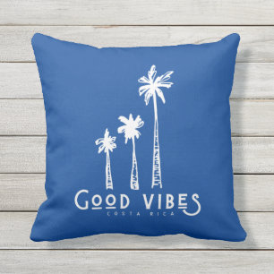 Costa Rica Good Vibes Palm Tree Blue Stripe Outdoor Pillow