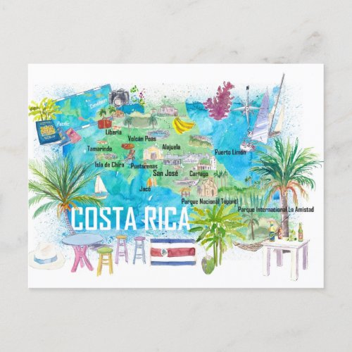 Costa Rica Illustrated Travel Map with Roads  Postcard