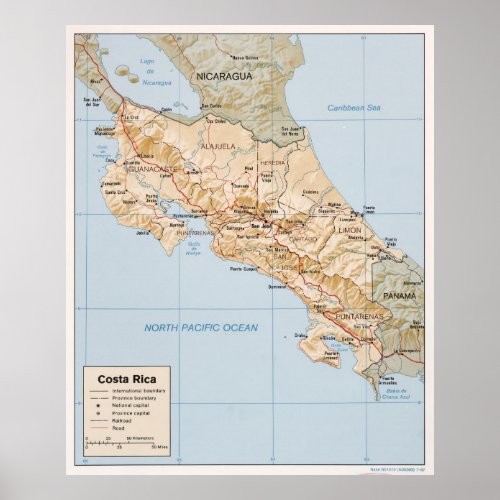 Costa Rica Map 1987 Poster