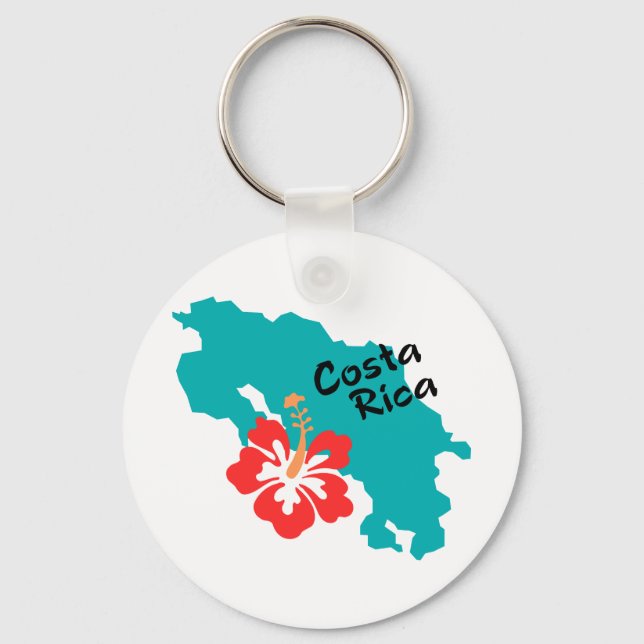 Costa Rica map outline with hibiscus flower Keychain (Front)