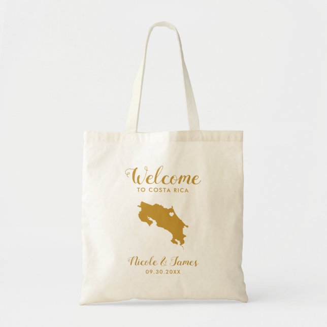 Costa Rica Map Wedding Welcome Bag, Gold Tote Bag (Front)