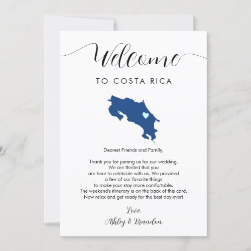 Costa Rica Map Wedding Welcome Letter Itinerary
