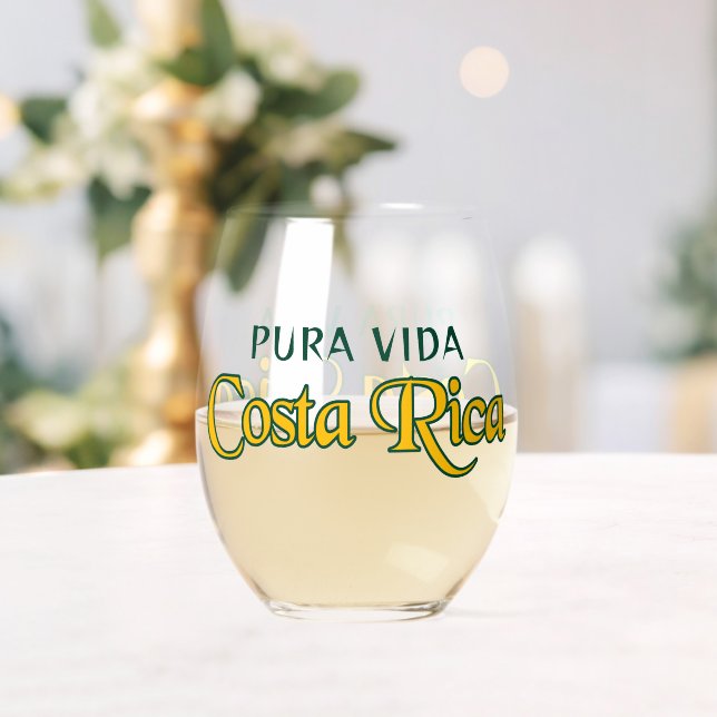 Costa Rica Motto Pura Vida (or your text) Stemless Wine Glass (Insitu (Wedding))