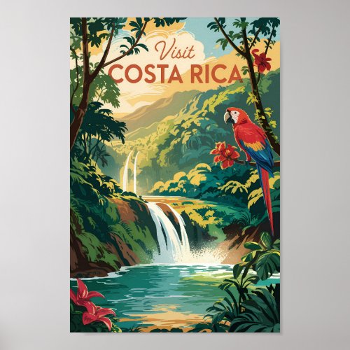 Costa Rica Parrot Illustration Travel Art Vintage