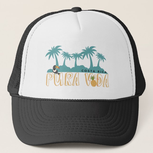 Costa Rica Pura Vida Palm Tree Toucan Beach Trucker Hat (Front)