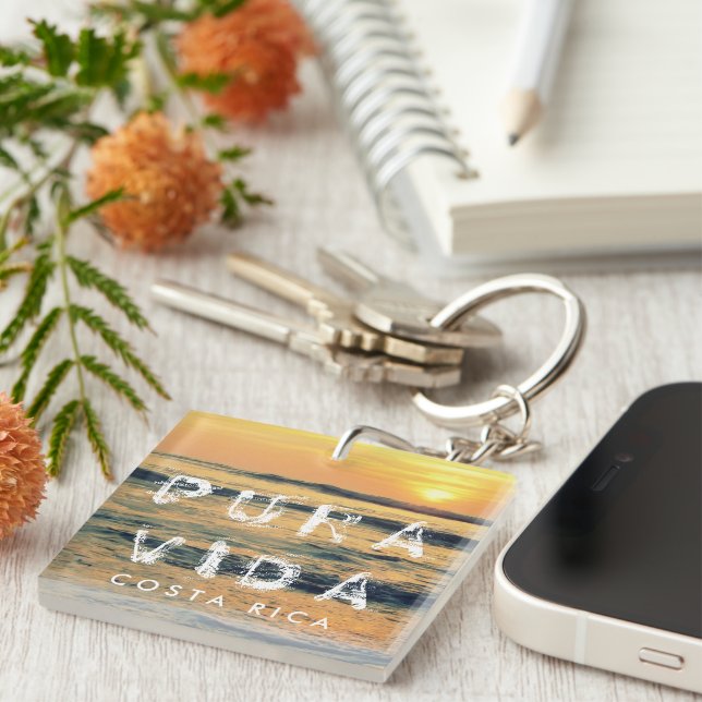 Costa Rica Pura Vida Sunset Souvenir  Keychain (Front Right)