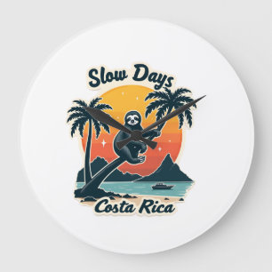 Costa Rica Sloth Vintage Sunset Travel Vector Shir Large Clock