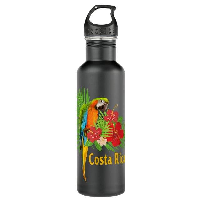 Costa Rica Vacation Parrot Tropical Flowers  Stainless Steel Water Bottle (Front)
