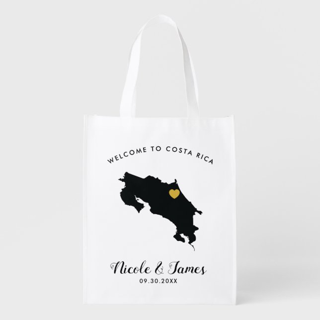 Costa Rica Wedding Welcome Bag, Black and Gold Grocery Bag (Front)