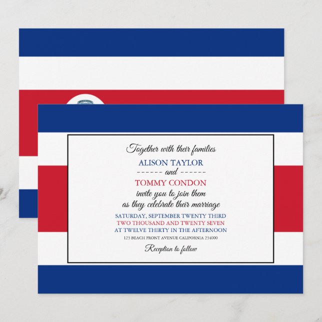 Costa Rican Flag, Flag of Costa Rica Wedding Invitation (Front/Back)