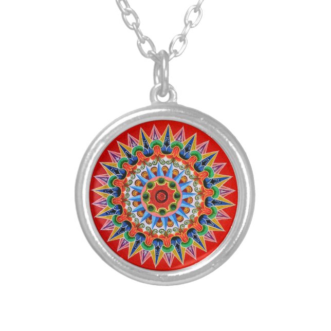 Costa Rican Oxcartwheel Art Silver Plated Necklace (Front)