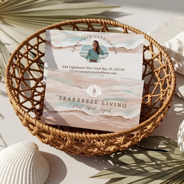 Costal Beach Seaside Properties Photo Real Estate Business Card (Watercolor Costal Beach Shoreline Real Estate Business Card)
