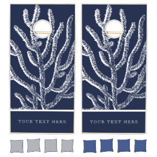 Costal Elegance: Navy Blue & White Coral Cornhole Set