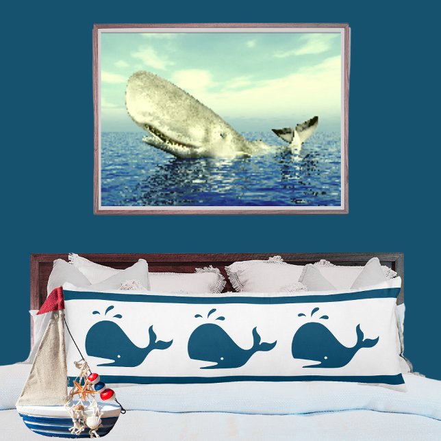 Costal Nautical Navy BLUE WHALE  White  Body Pillow (Creator Uploaded)