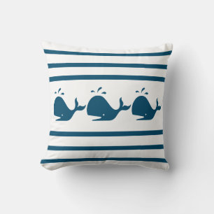 Costal Nautical Navy BLUE WHALE  White Throw Pillo Pillow