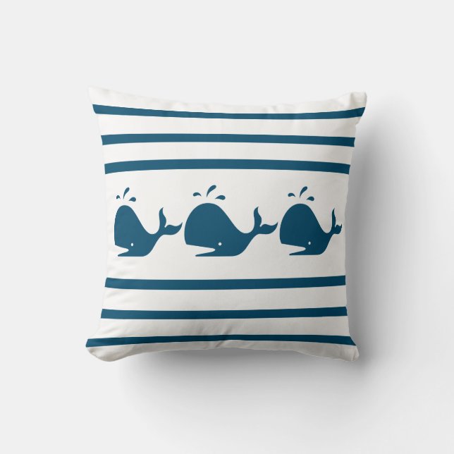 Costal Nautical Navy BLUE WHALE  White Throw Pillo Throw Pillow (Front)