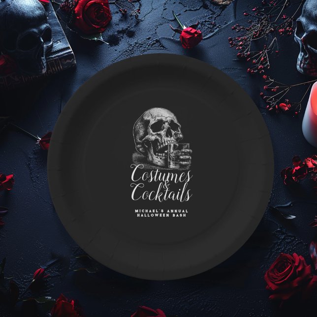 Costume and Cocktails Black Skull Halloween Paper Plates (Creator Uploaded)