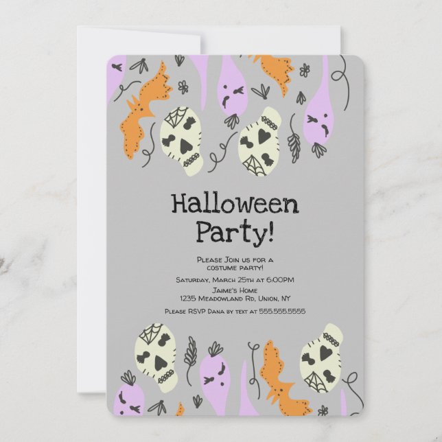 Costume Halloween Party Ghost Skull Doodles Gray Invitation (Front)