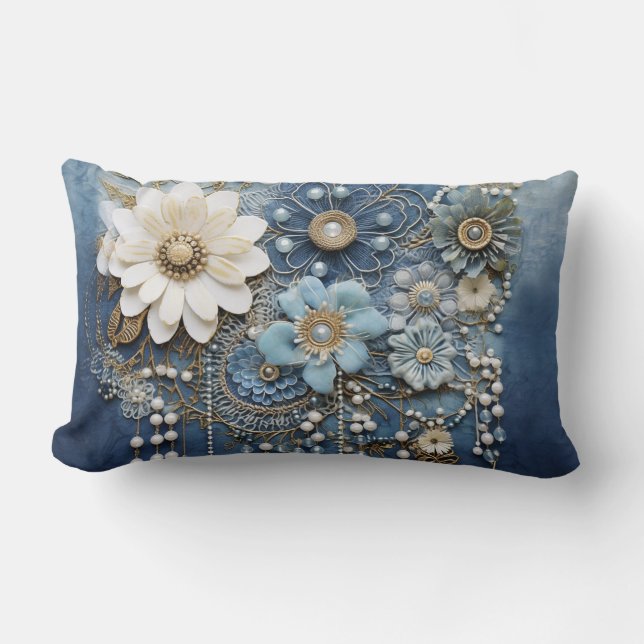 Costume jewellery on Blue Denim Lumbar Pillow (Front)