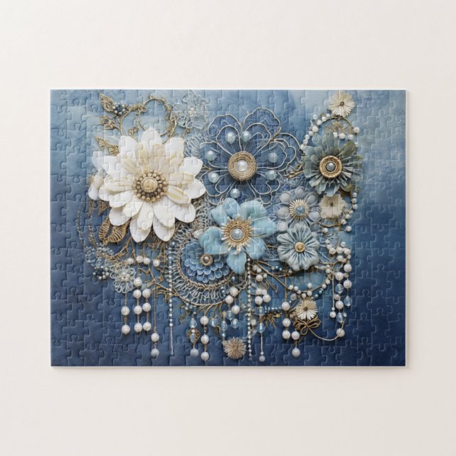 Costume jewellery on bue Denim Jigsaw Puzzle (Horizontal)