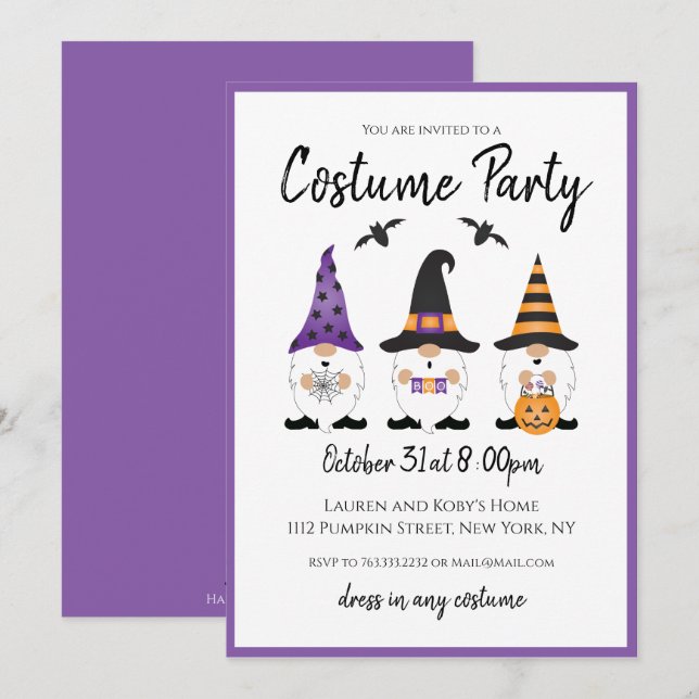 Costume Party Halloween Gnomes Purple Orange Invitation (Front/Back)