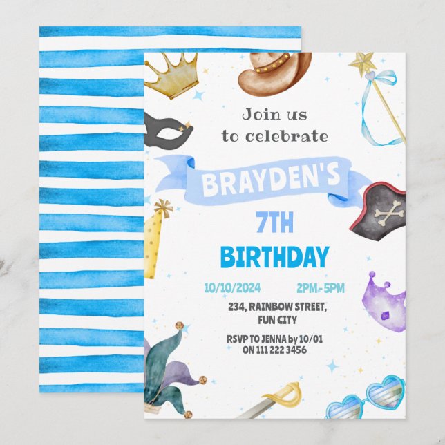 Costume Party Kids Blue Boy Dress Up Birthday Invitation (Front/Back)