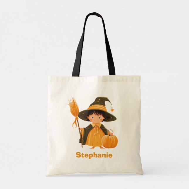 Costume Witch Trick or Treat With Custom Name Tote Bag (Back)