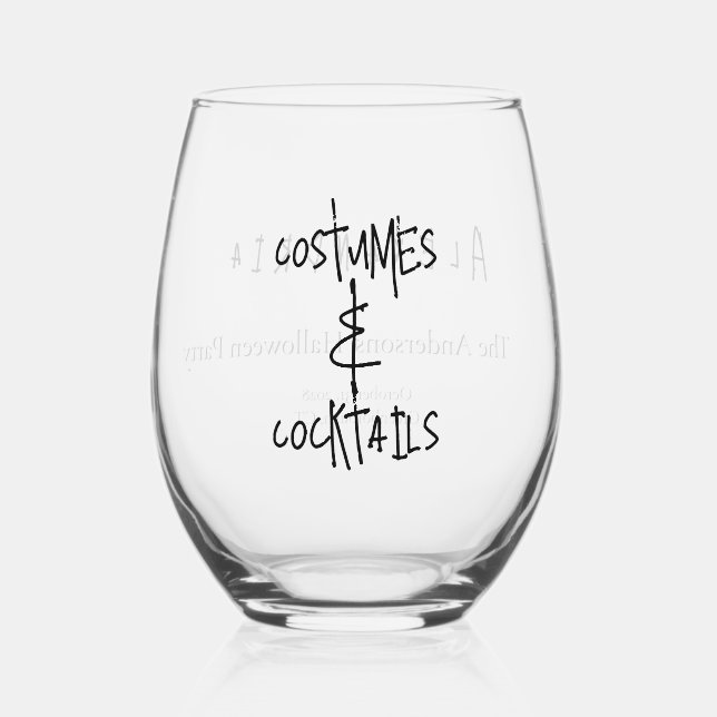 Costumes and Cocktails Halloween Party Favor Stemless Wine Glass (Front)