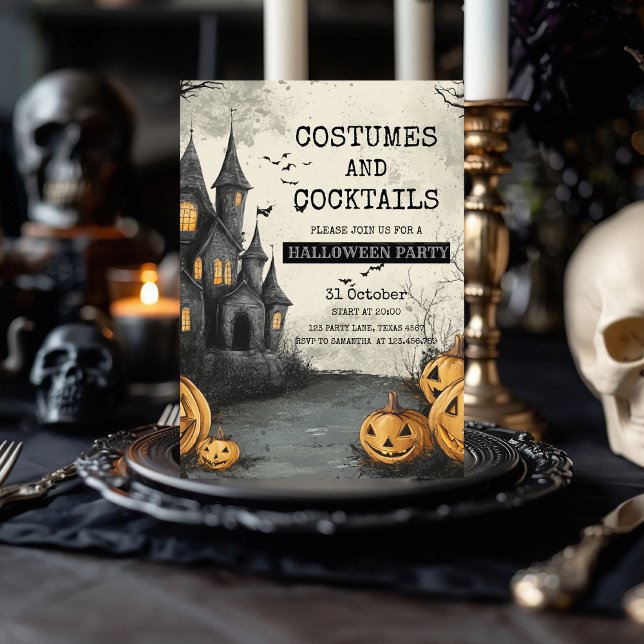 Costumes and Cocktails Party with Haunted House  Holiday Card (Creator Uploaded)