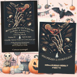 Costumes Cocktails Skeleton Adult Halloween Party Invitation<br><div class="desc">A dark costumes and cocktails,  Adult Halloween party invitation to wow your guests. A skeleton hand offers the booze accompanied with dark creatures of Halloween night. Reverse side has a matching pattern. The design uses modern calligraphy that can be easily customized.</div>