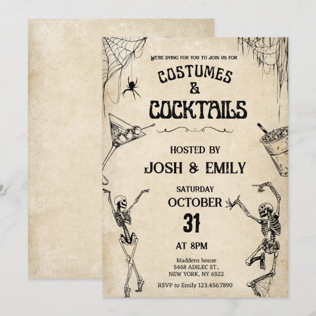 Costumes & Coctails Vintage skeletons Halloween Invitation (Front/Back)