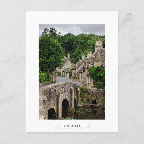 Costwolds town Castle Combe white text postcard