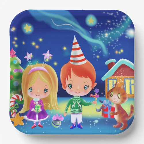Cosy Christmas  new year  Girl boy and cat Paper Plates