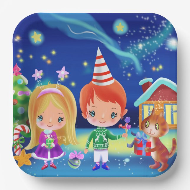 Cosy Christmas  new year . Girl boy and cat Paper Plates (Front)