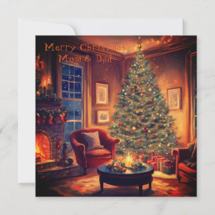 Cosy Fireplace And Christmas Tree   Mom And Dad Holiday Card