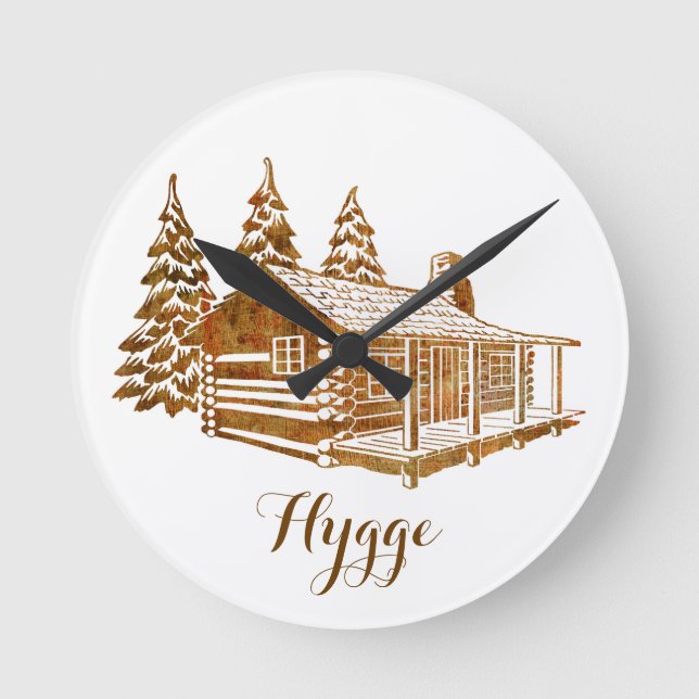 Cosy Log Cabin - Hygge or your own text Round Clock (Front)
