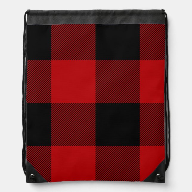 Cosy Red Black Buffalo Plaid Large Pattern Drawstring Bag (Front)