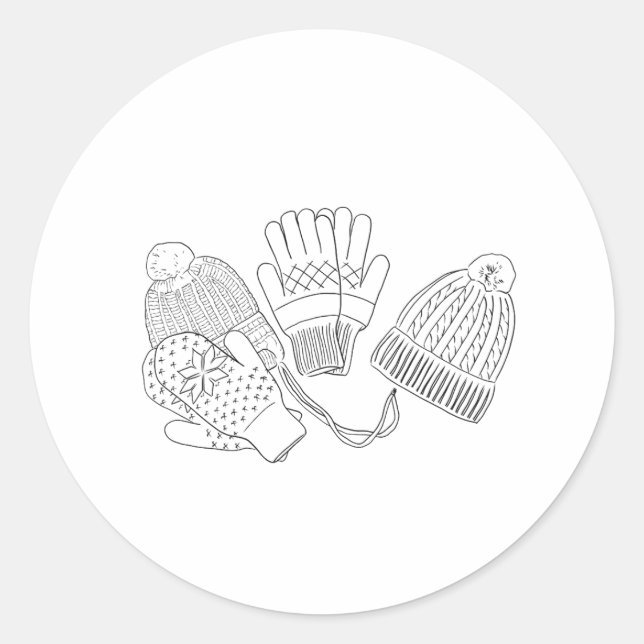 Cosy Ski Winter Beanies and Mittens Black White  Classic Round Sticker (Front)