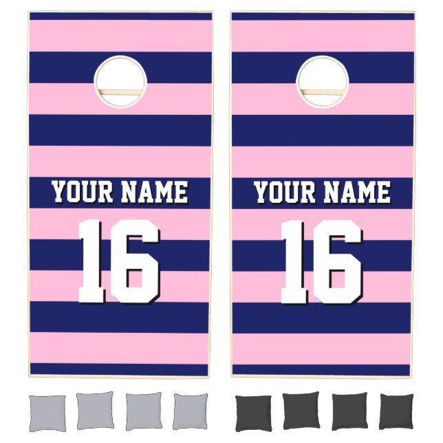 Cot Candy Pink Navy Blue Team Jersey Preppy Stripe Cornhole Set (Set)