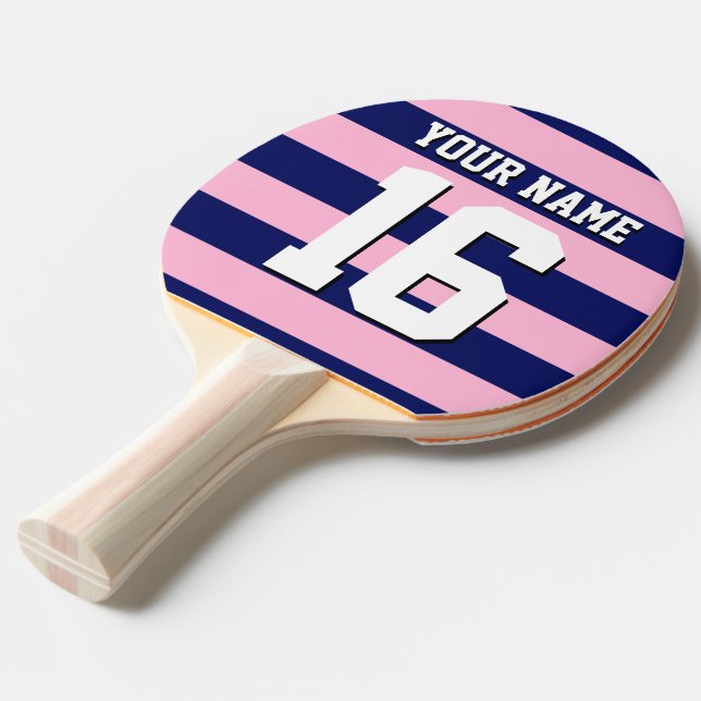 Cot Candy Pink Navy Blue Team Jersey Preppy Stripe Ping Pong Paddle (Front Angle)