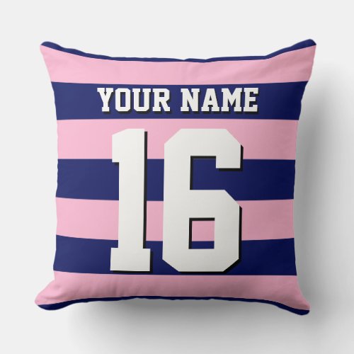 Cot Candy Pink Navy Blue Team Jersey Preppy Stripe Throw Pillow