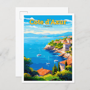 Cote d'Azur France Travel Art Vintage Illustration Postcard