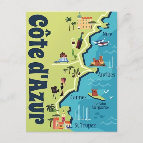 Cote dAzur illustrated map  Postcard