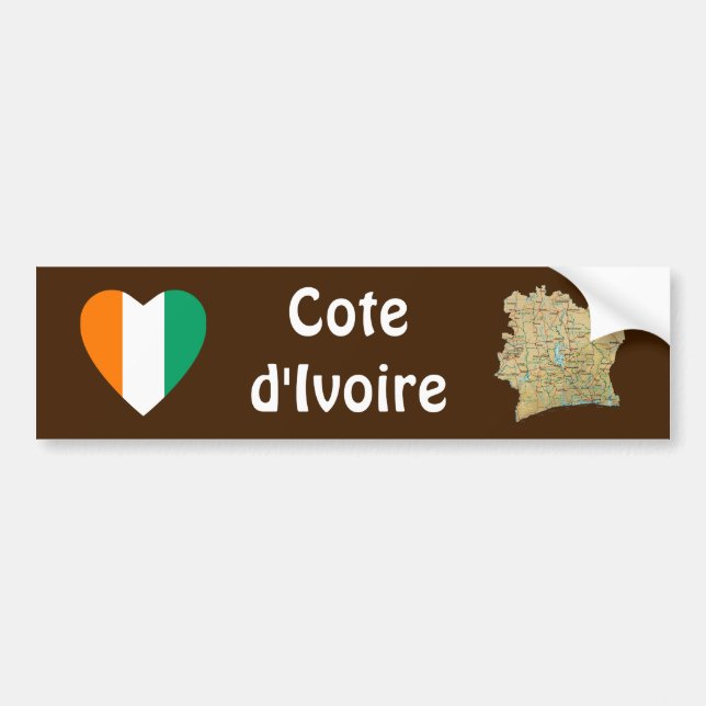 Cote d'Ivoire Flag Heart + Map Bumper Sticker (Front)