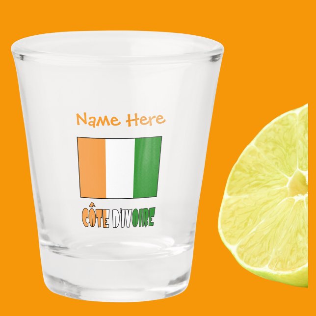 Côte d'Ivoire Ivory Coast Flag Orange Personalize Shot Glass (Shot glass with Ivory Coast flag and the words CÔTE D'IVOIRE below in flag colors. Add name above.)
