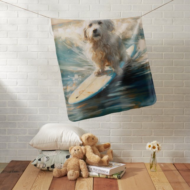 Coton De Tulear Beach Surfing Painting Baby Blanket (In Situ)