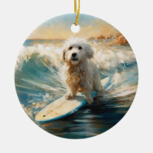 Coton De Tulear Beach Surfing Painting Ceramic Ornament