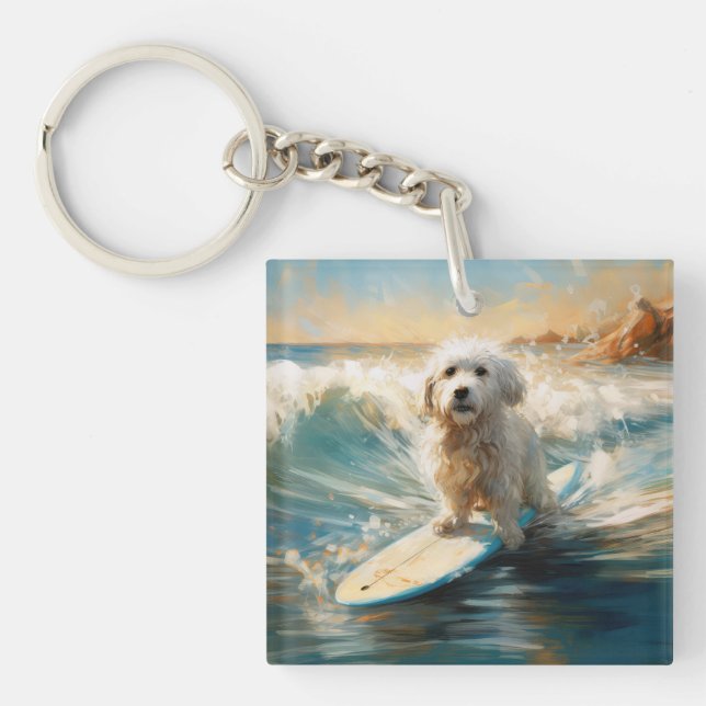 Coton De Tulear Beach Surfing Painting Keychain (Front)