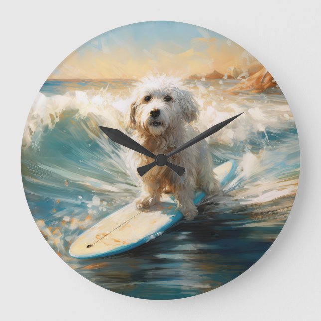 Coton De Tulear Beach Surfing Painting Large Clock (Front)